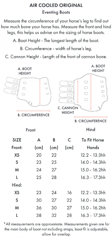 Premier Equine Air-Cooled original eventing boot - maattabel / size guide